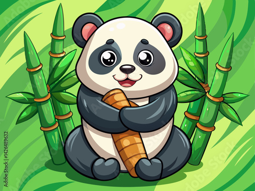 A cute vector of a cartoon panda hugging bamboo, placed on a soft green background