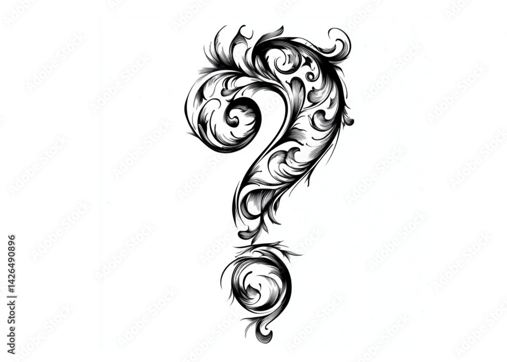 Fototapeta premium Dynamic Swirling Question Mark, Abstract and Expressive, Black and White Ink