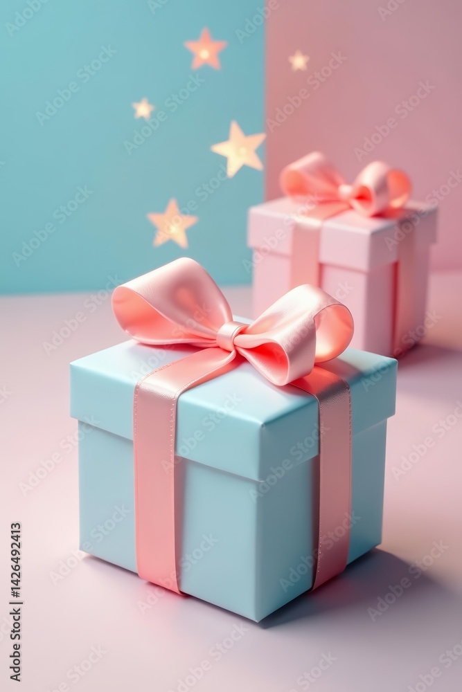 Minimalistic pastel gift boxes topped with shimmering stars for special occasions, stars, white background, boxes Minimalistic pastel gift boxes topped with shimmering stars for special occasions, stars, white background, boxes