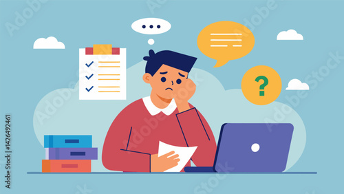 A student looking at their loan statement frustrated and overwhelmed while a thought bubble shows various deferment and forbearance options.. Vector illustration