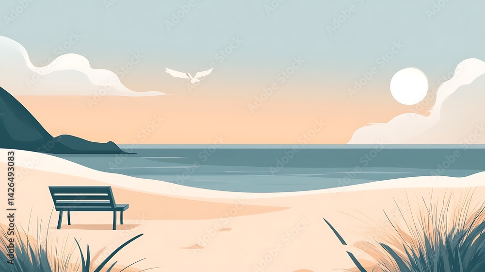 Serene beach bench sunset scene. Serene beach bench sunset scene.