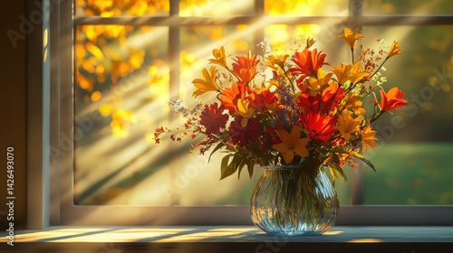A vibrant autumn floral arrangement in a glass vase, with soft golden light filtering through the background