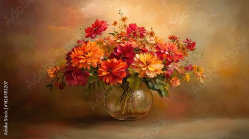 A vibrant autumn floral arrangement in a glass vase, with soft golden light filtering through the background
