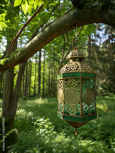 Ornate Green And Gold Metal Artifact With Labyrinth Design Hanging In Lush Green Forest