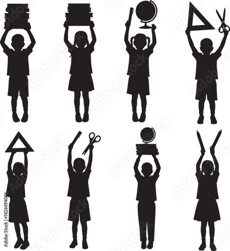 Silhouettes of children holding up school supplies and symbols of learning above their heads