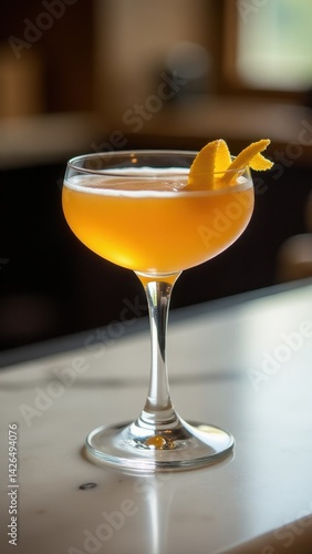 Elegant yellow cocktail with orange peel garnish in stemmed glass on wooden bar counter. Perfect for bar, restaurant, and classic drink concepts.