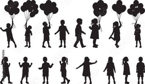 Silhouettes of happy children holding balloons celebrating joy and freedom