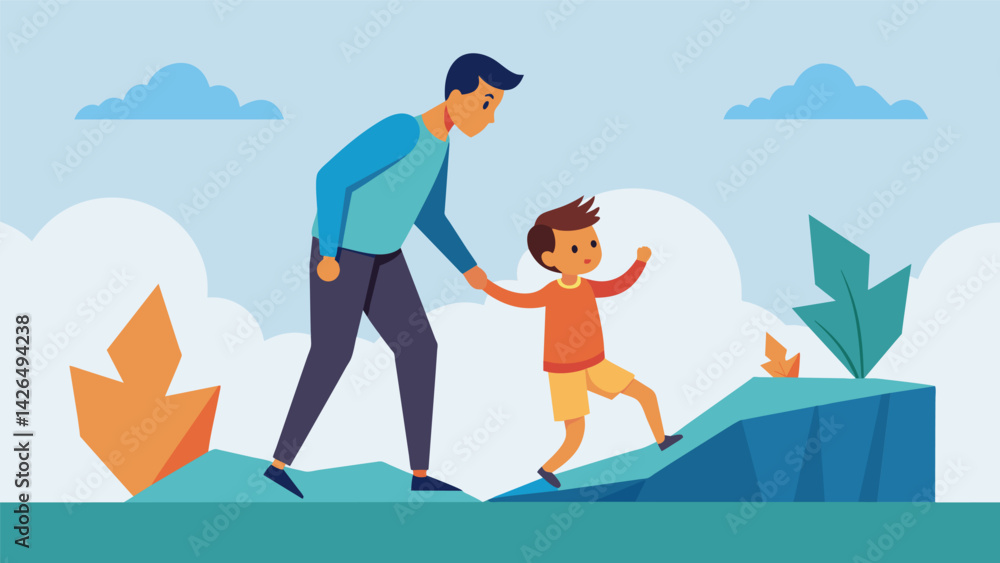 Fototapeta premium A parent modeling resilience by calmly facing challenges and setbacks while guiding their child to do the same.. Vector illustration