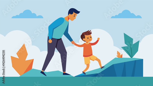 A parent modeling resilience by calmly facing challenges and setbacks while guiding their child to do the same.. Vector illustration
