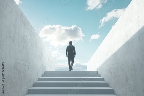 Man ascends concrete stairs toward bright sky