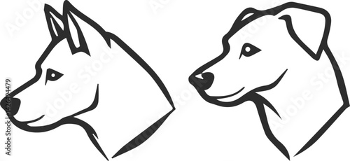 Two icons of dog heads of different breeds, a dog head looking to the left, a black line.
