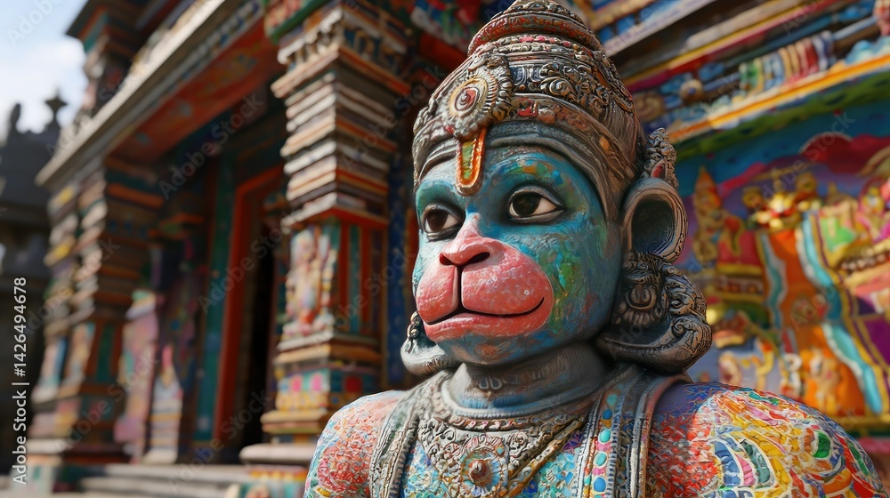 A vibrant Hanuman statue with a temple background for Hanuman Jayanti A vibrant Hanuman statue with a temple background for Hanuman Jayanti