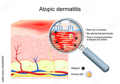 Atopic dermatitis. Close-up of Cross-section of human skin. Eczema