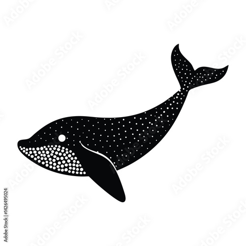 Whale silhouette with internal pixel pattern on white background