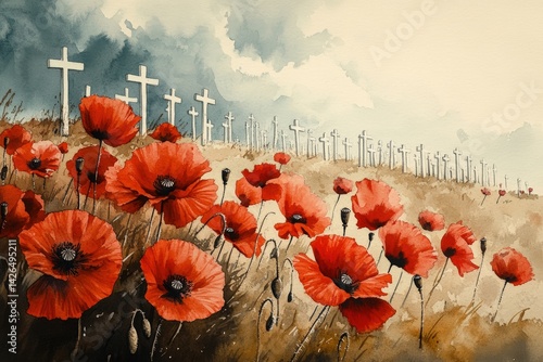 Serene War Cemetery Watercolor Painting with Poppies Blooming Honoring and Remembering the Fallen Heroes