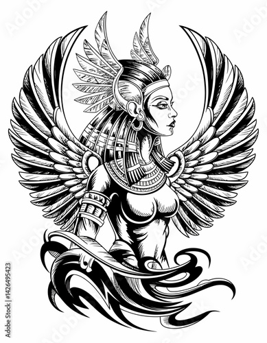 Detailed Line Art Illustration of a Winged Egyptian Goddess with Intricate Headdress