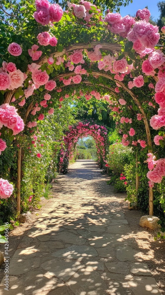 Rose-covered archway garden path Rose-covered archway garden path