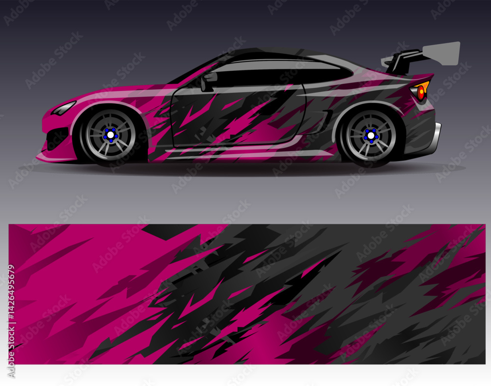 Naklejka premium Car wrap design vector. Graphic abstract stripe racing background designs for vehicle, rally, race, adventure and car racing livery