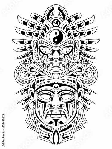 Tribal deity mask design, spiritual protector symbol with intricate line work and headdress, black and white illustration.