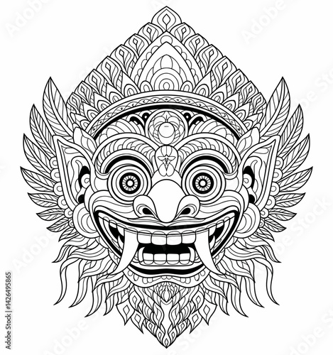 Balinese Rakasa Mask Line Art Illustration: Intricate Detail, Cultural Symbolism