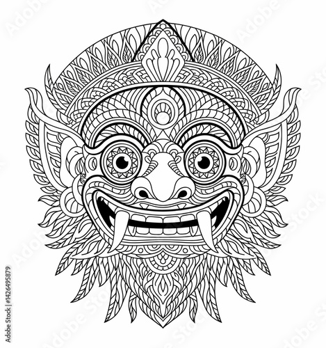Detailed Line Art of a Balinese Mask: Cultural Design for Coloring or Illustration