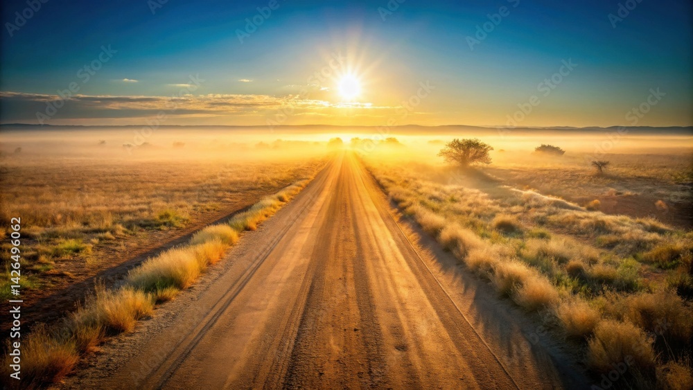 Fototapeta premium Golden Sunrise Illuminates a Dusty Road Through a Serene Grassland