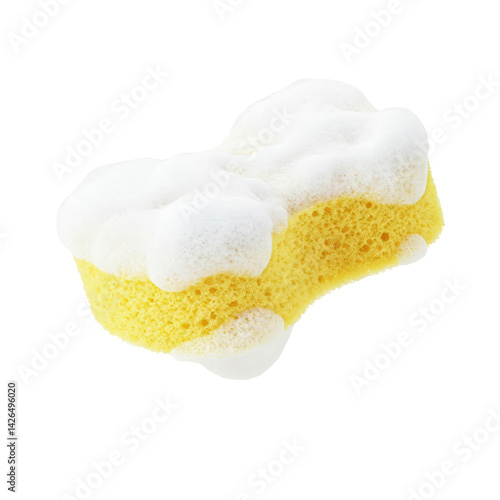 A yellow sponge with white soap foam on top floating in mid-air on a solid white background