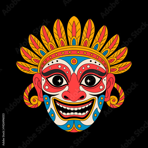 Colorful Ethnic Tribal Mask Illustration: Ornate Design, Ancient Symbolism