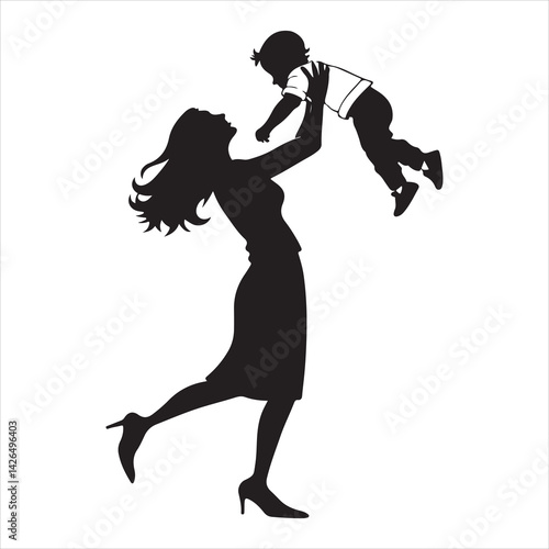 Mother and Child Silhouette in Joyful Lift – Loving Embrace with Playful Interaction in Black and White Minimalist Art