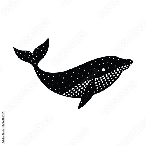 Whale silhouette with internal pixel pattern on white background
