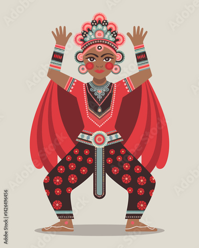 Stylized Indian Dancer in Traditional Costume with Festive Ornamentation and Decorative Pattern