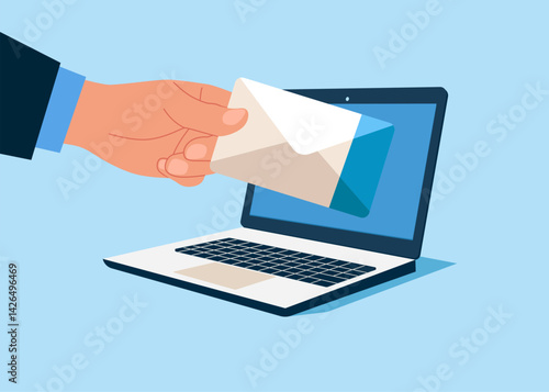 Hand businessman takes out an envelope with a notification of an unread message from an open laptop. Email security protection, safety system to defend cyber attack, spam. Flat vector illustration