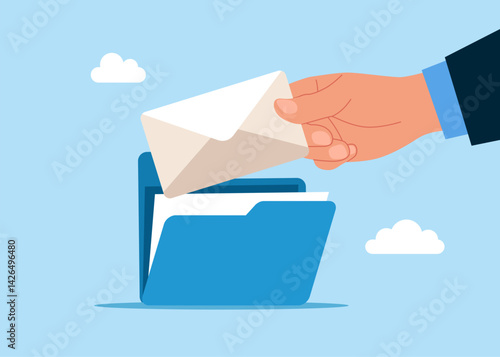 Hand businessman takes out an envelope with a notification from an open folder. Working using modern technology, web protection. Flat vector illustration