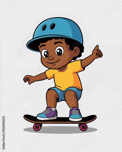 Cartoon African-American Boy on Skateboard with Helmet: Child Rider Illustration for Kids Designs