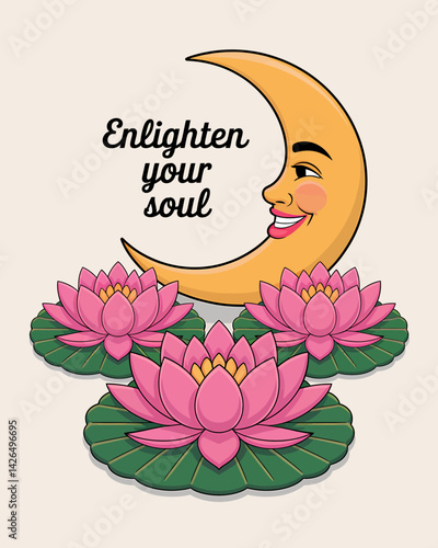 Dreamy Lotus Flowers with Crescent Moon - Enlighten Your Soul Illustration