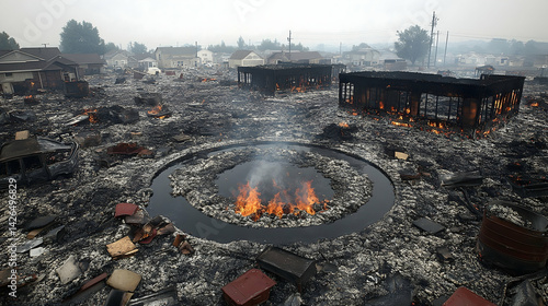 Aftermath charred remains of a neighborhood fire buildings destroyed and the ground covered in ash