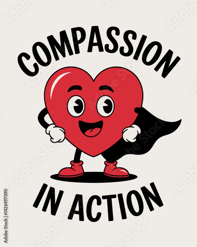 Cartoon Heart Superhero: Spreading Compassion. A positive, retro-style character for social good and kindness promotions