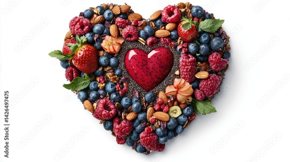 A vibrant smoothie bowl with fresh fruits, nuts, and seeds, arranged in a heart shape for a romantic, healthy breakfast A vibrant smoothie bowl with fresh fruits, nuts, and seeds, arranged in a heart shape for a romantic, healthy breakfast