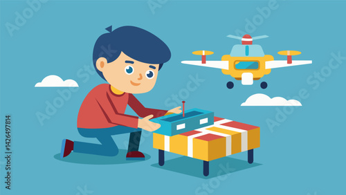 A miniature drone buzzes to life as the child unpacks it from its packaging ready to take flight and explore the world from new heights.. Vector illustration