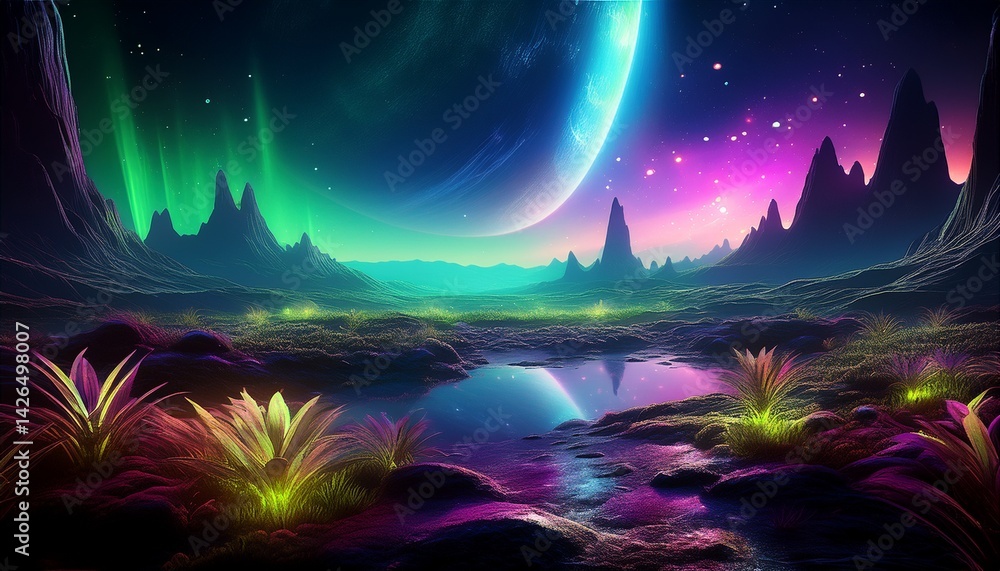 Obraz premium A desolate alien planet with glowing bioluminescent plants, a distant ringed planet in the sky, and vibrant auroras.