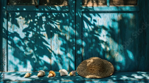 A vintage summer aesthetic with neatly arranged seashells and a straw hat casting a shadow on a blue wooden background