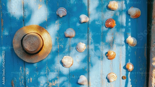 A vintage summer aesthetic with neatly arranged seashells and a straw hat casting a shadow on a blue wooden background