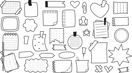 Paper Memos set in doodle sketch style. Notes and stickers outline illustrations. Hand drawn notepad papers. Vector elements