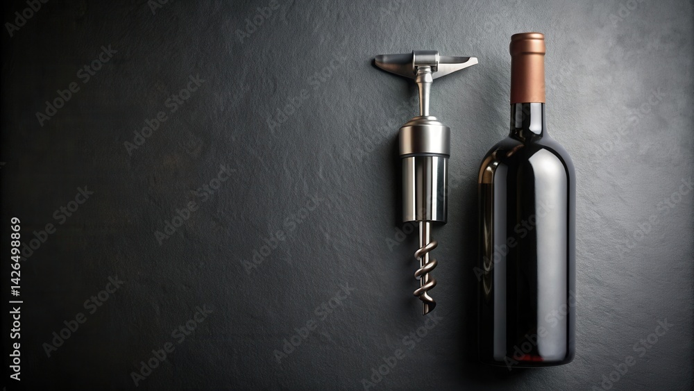 Elegant wine bottle and corkscrew on dark surface Elegant wine bottle and corkscrew on dark surface