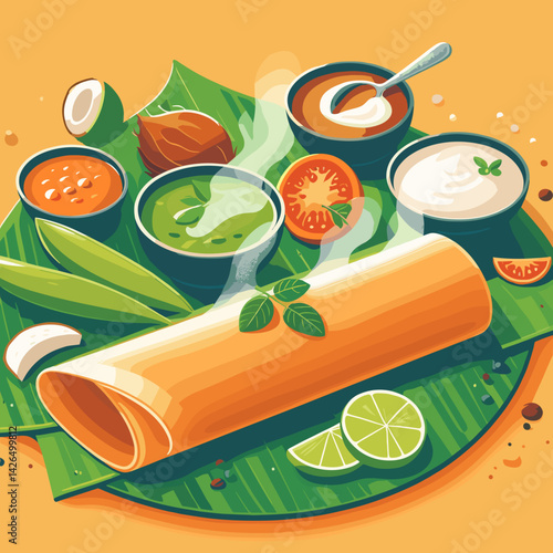 Delicious dosa with various chutneys and toppings arranged on a banana leaf, showcasing Indian flavors
