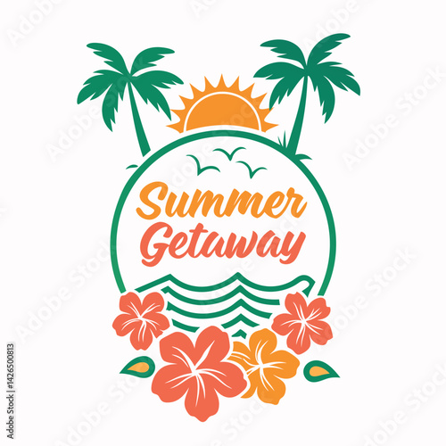 Tropical Summer Getaway with Palm Trees, Sun, Waves and Hibiscus Flowers Design