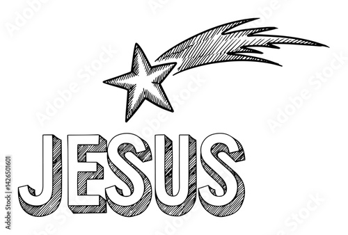 JESUS text with bethlehem star sketch vector illustration