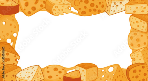 Frame template with cheeses of different flavors and types. Cheese tasting. Farming and cheese making. Beer snacks for a party. Vector illustration for a grocery store