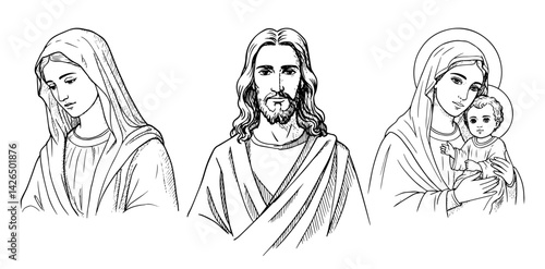Our Lady Mary with baby Jesus and adult Jesus sketch vector illustration