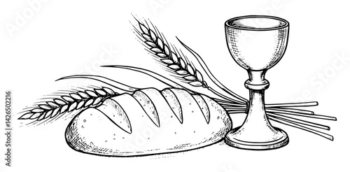 eucharistic composition with bread, wheat and chalice sketch vector